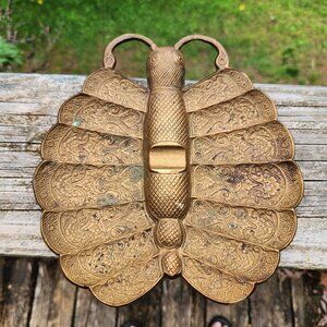 Vintage Brass Butterfly Decorative Tray With Intricate Engravings 10.5" X 8" Orn
